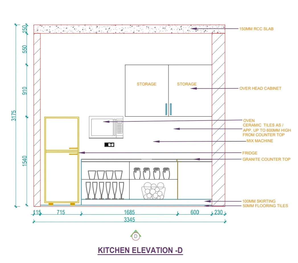 Modular kitchen elevation drawing with cabinets and chimney